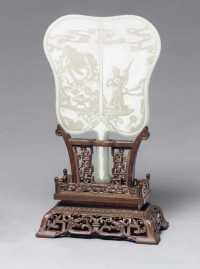 19TH CENTURY A WHITE JADE FAN AND STAND